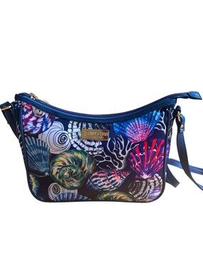 Anuschka Wanderlust Fabric Collection Handbag Sea Treasures Blue Leather Trim